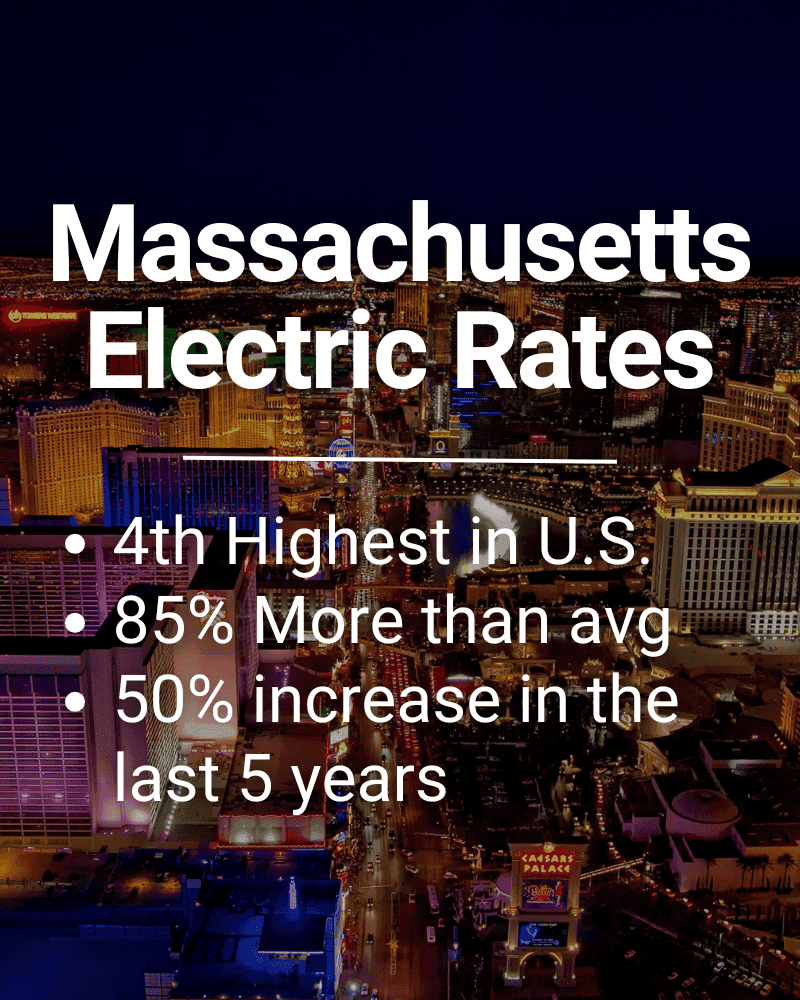 Massachusetts electric rates nighttime cityscape view showing illuminated buildings and busy streets.