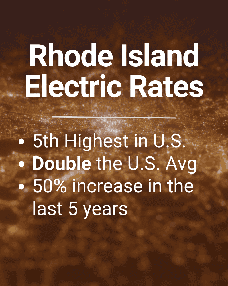 Rhode Island electric rates increase infographic highlighting the state’s ranking, recent growth, and comparison to U.S. averages.