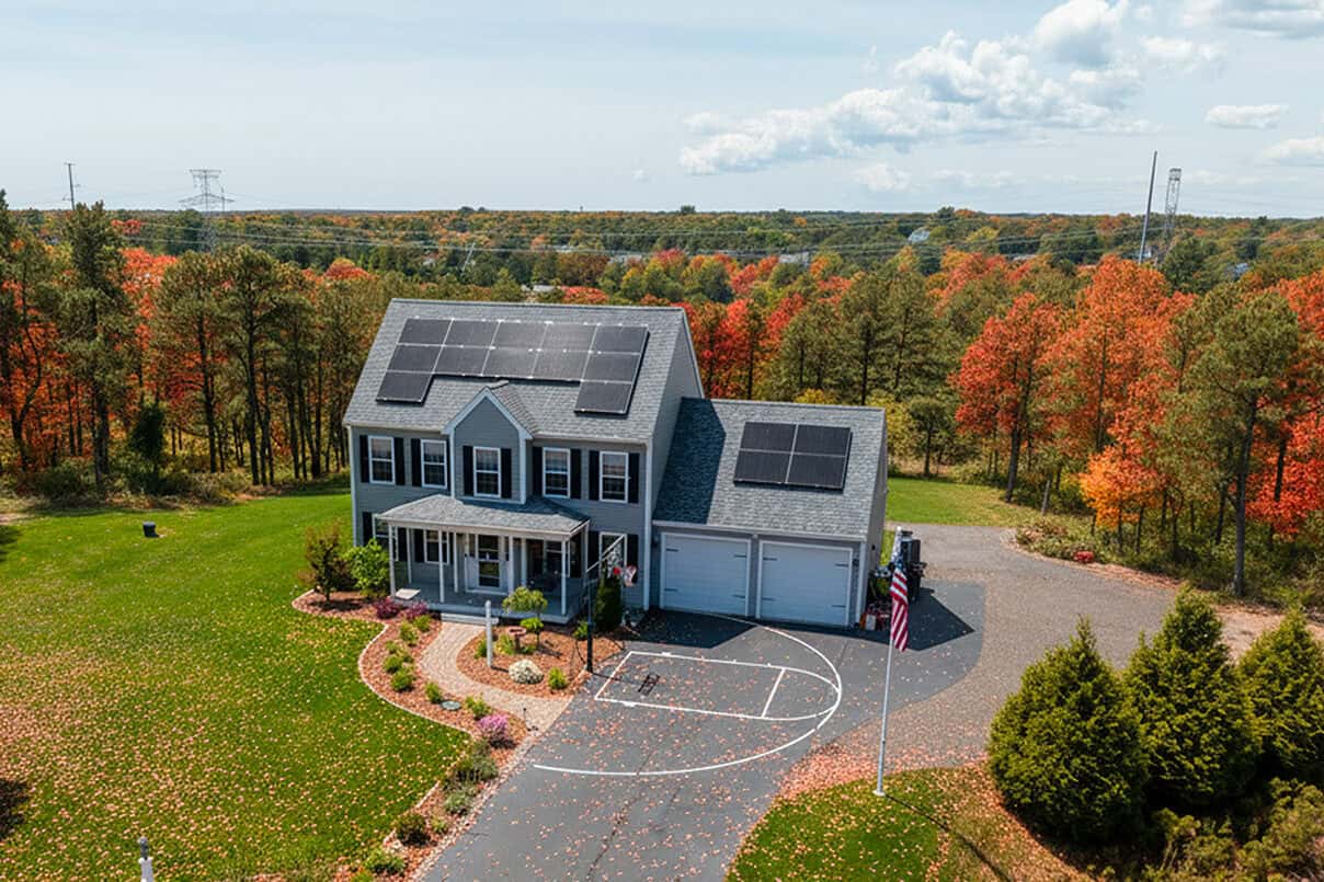 Aerial view of a New England home with a professionally installed rooftop solar panel system, surrounded by autumn foliage. The solar arrays are positioned for optimal sun exposure, blending clean energy production with a traditional residential setting.