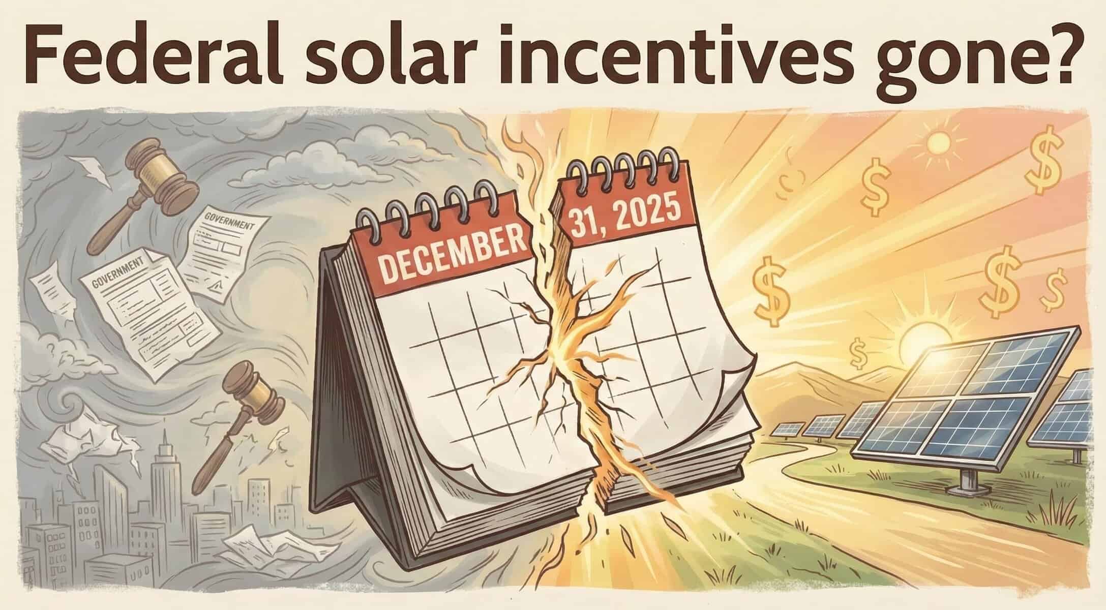 Illustration with the headline “Federal Solar Incentives Gone?” showing a desk calendar on December 31, 2025 splitting the scene in two, with dark clouds, paperwork, and question marks on the left and bright sunlight, solar panels, and dollar symbols on the right, suggesting uncertainty giving way to a shift in how solar incentives work.