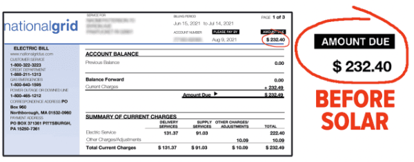 National Grid Electric Bill showing average rate $232.40 before solar installation