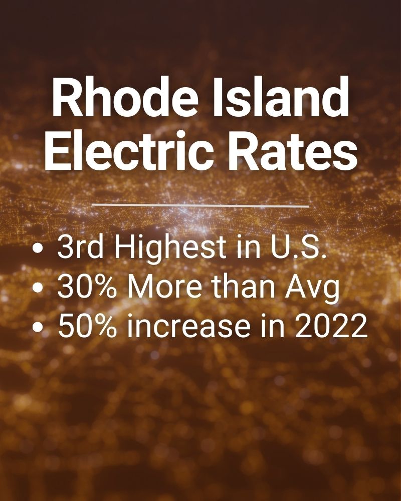 Aerial view of Providence Rhode Island with text overlaying showing Rhode Island Electric rates - 3rd Highest in US, 30% More than Avg, 50% increase in 2022