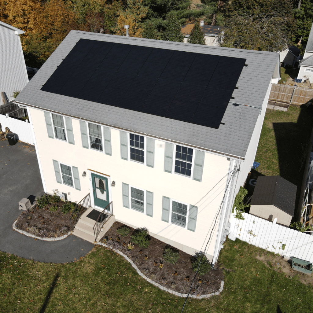 A solar installation in plymouth, Massachusetts. This customer received sleek, all black solar panels. They have replaced their electric bill with a much lower solar payment that will never increase.