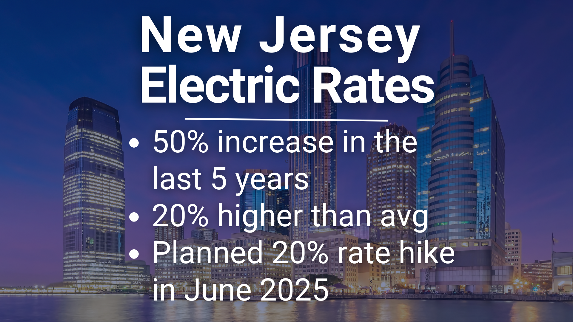 Night view of Jersey City with text overlay—New Jersey Electric Rates