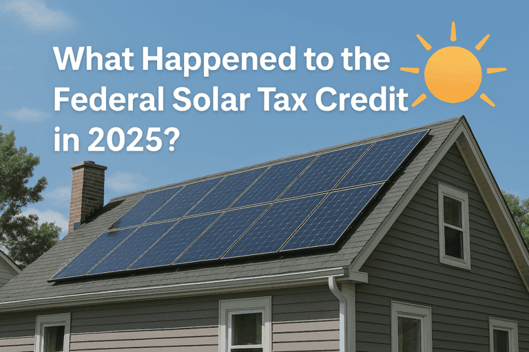 Modern suburban homes with rooftop solar panels under bright sunlight, representing clean energy and federal solar incentives in 2025.