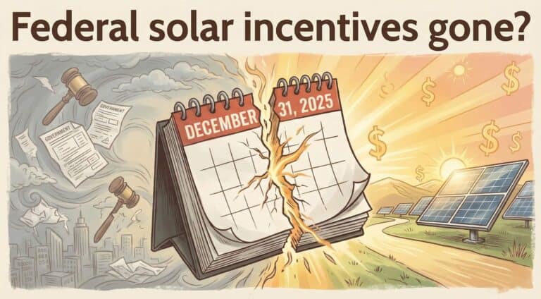 Illustration with the headline “Federal Solar Incentives Gone?” showing a desk calendar on December 31, 2025 splitting the scene in two, with dark clouds, paperwork, and question marks on the left and bright sunlight, solar panels, and dollar symbols on the right, suggesting uncertainty giving way to a shift in how solar incentives work.