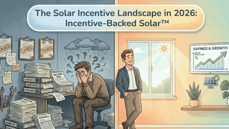 An image showing the differences of going solar the old way (with a loan or upfront payment) compared to going solar with Evergreen's Incentive Backed Solar Program in 2026
