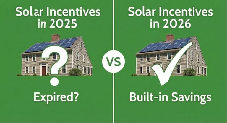 Split graphic comparing solar incentives in 2025 versus 2026: the left side shows a home with solar panels and a question mark labeled “Solar Incentives in 2025 – Expired?”, while the right side shows a similar home with a checkmark labeled “Solar Incentives in 2026 – Built-in Savings,” illustrating the shift from expiring tax credits to program-based incentives.