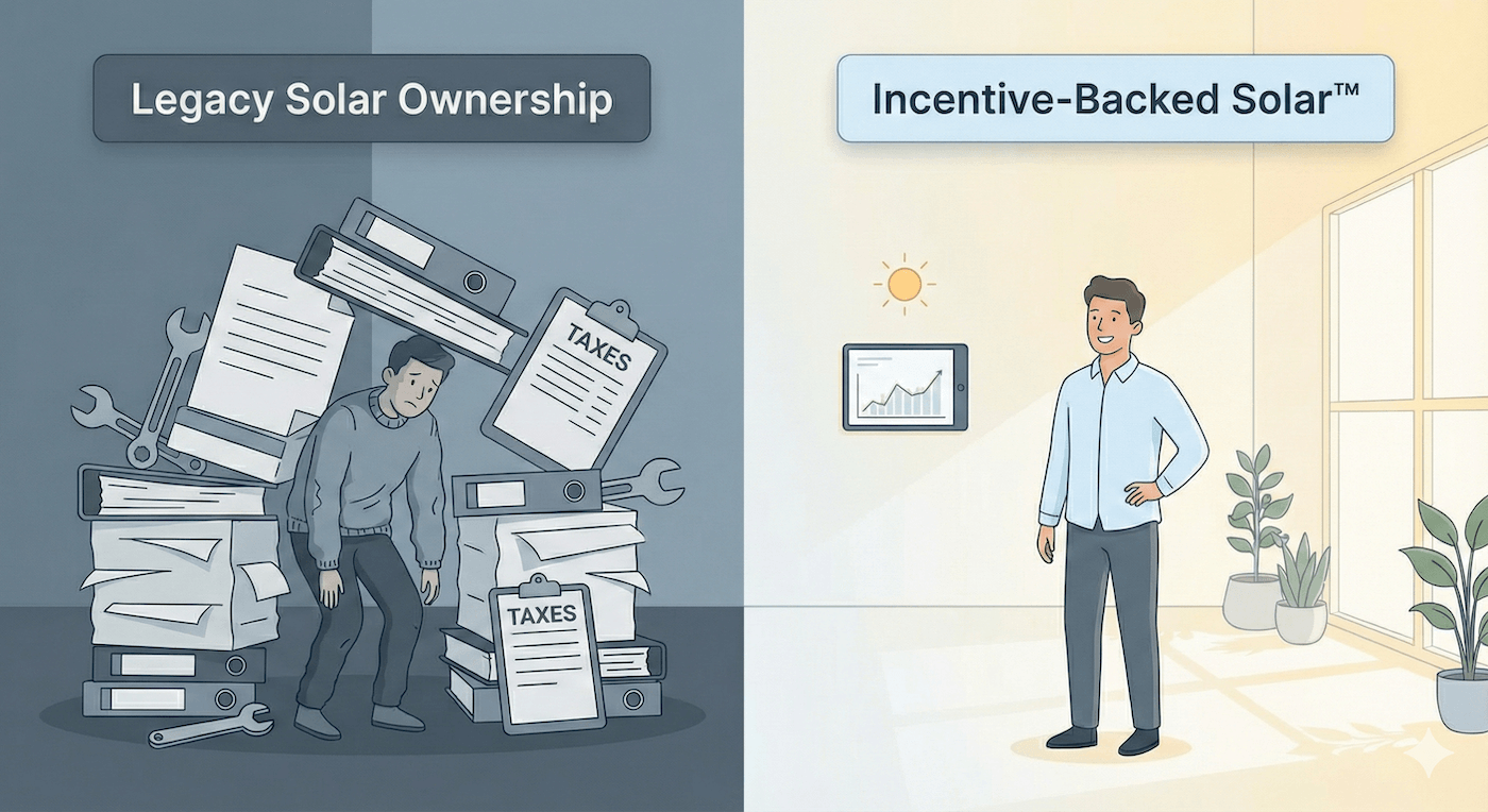 Diagram comparing the process and headaches that come with legacy solar ownership programs compared to the smooth, simple process of qualifying and claiming the solar incentives through Incentive-Backed Solar.