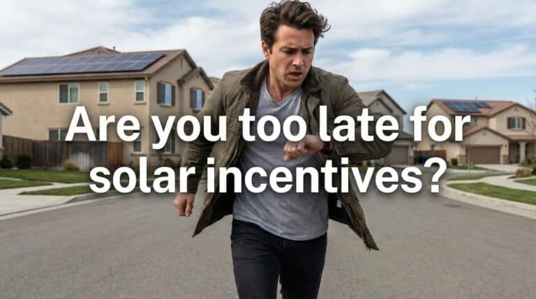 Homeowner jogging down a suburban street with solar-panel-equipped houses in the background, checking his watch, symbolizing concern about missing solar incentives or deadlines.