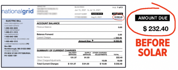 National Grid Electric Bill showing average rate $232.40 before solar installation