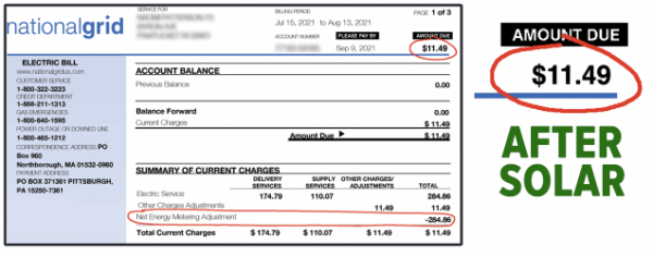 National Grid Electric Bill showing electric rate of $11.49 after solar